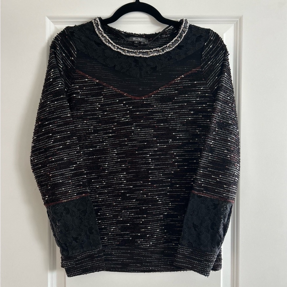 Miss Me Black and White Sequin Lace Embellished Blouse